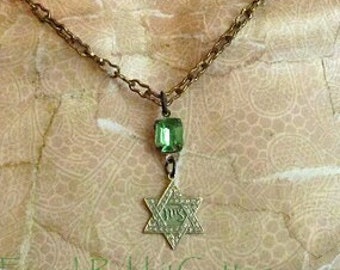 Star of David Necklace Pendant. Jewish Judaica Jewelry. Verdigris Patina Jewelry Vintage Peridot Rhinestone Hanukkah Chanukah Gift for Women