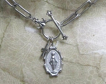 Miraculous Medal Necklace. Trendy Toggle Clasp. Chunky Paperclip Chain. Blessed Mother Virgin Mary Pendant. Catholic Women Religious Jewelry