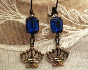 Menorah Earrings. Brass Menorah Jewelry. Menorah Earrings. Vintage Blue Rhinestones. Judaica Jewelry Jewish Jewelry Chanukah Gifts