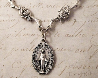 Virgin Mary Necklace Pendant. Miraculous Medal Jewelry Immaculate Conception Catholic Religious Jewelry. Blessed Mother Charm Christian Gift