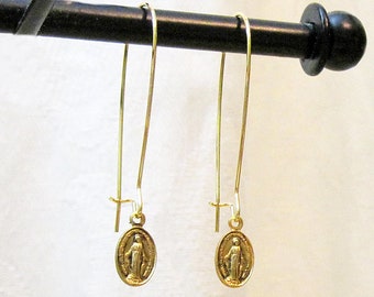 Minimalist Earrings. Dainty Miraculous Medal Earrings. Tiny Catholic Medals.  Petite Mother Mary Medals Dangle Earrings for Religious Women