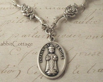 Infant Jesus of Prague Necklace Pendant. Catholic Religious Handmade Jewelry Gift for Women. Vintage Style Silver tone Medal Art Nouveau