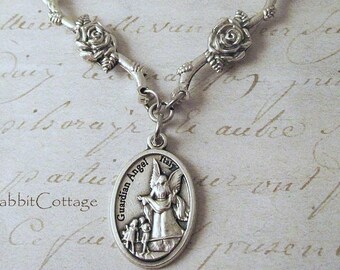 Art Nouveau Style Guardian Angel Necklace Pendant. Handmade Jewelry Gift for Christian Women. Vintage Style Silver tone Medal. Rose Necklace