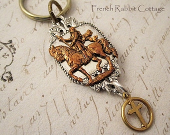 Joan of Arc Key Chain / French Catholic Saint.  Religious Keychain  / Mixed Metal Assemblage / Catholic Gifts for Women