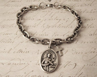 St Gerard Bracelet. Saint Gerard Majella Medal. Patron Saint Catholic Religious Jewelry Gift. Silver Tone Chunky Chain Charm Bracelet
