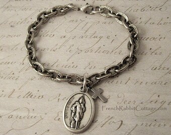 St Florian Bracelet Saint Florian Medal Patron Saint of Firefighters Catholic Religious Jewelry Gift Silver Tone Chunky Chain Charm Bracelet