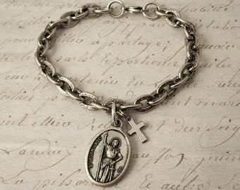 St Joan of Arc Bracelet. Saint Joan of Arc Medal Catholic Religious Jewelry Gift of Faith. Silver Tone Chunky Chain Charm Bracelet