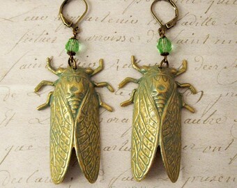 Verdigris Patina Cicada Earrings. Bug Dangle Earring. Green Insect Earring. Woodland Nature Bug Lover Gift. HandMade Brass Statement Jewelry