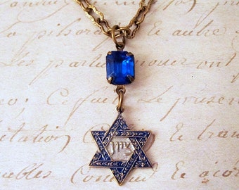 Star of David Necklace Pendant. Jewish Judaica Jewelry.  Blue and Silver Jewelry. Vintage Sapphire Rhinestone. Hanukkah Chanukah Gift Women