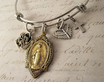 Blessed Mother Mary Miraculous Medal Bangle Bracelet. Expandable Wire Bangle Catholic Religious Jewelry Gift Virgin Mary Adjustable Bracelet