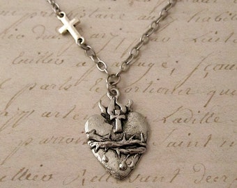 Sacred Heart / Cross Necklace. Asymmetrical Silver tone Sacred Heart of Jesus Necklace Pendant Catholic Jewelry for Women. Religious Jewelry