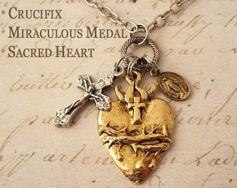 Catholic Assemblage Necklace: Sacred Heart of Jesus, Miraculous Medal, Crucifix. Religious Jewelry Gift for Women. Mixed Metal Charm Pendant