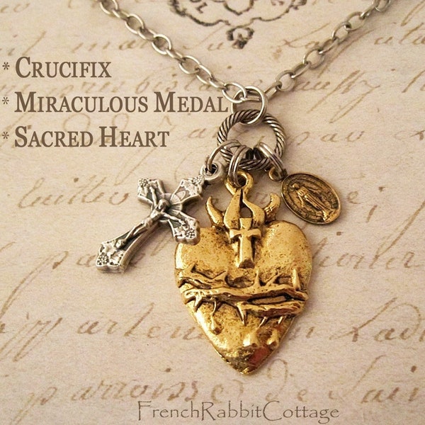 Catholic Assemblage Necklace: Sacred Heart of Jesus, Miraculous Medal, Crucifix. Religious Jewelry Gift for Women. Mixed Metal Charm Pendant