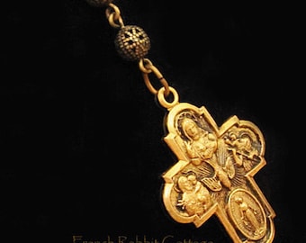 Catholic Cross Necklace Pendant. Four 4 Way Cross Religious Jewelry. Holy Family Vintage Style Medal