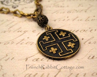 Jerusalem Cross Pendant Necklace. Religious Jewelry.Christian Jewelry. Gift of Faith for Men Women. Vintage Style Medal. Gold Tone Medallion