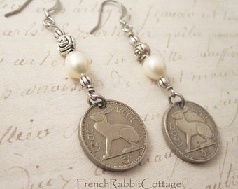 Long Pearl Rabbit Dangle Earrings. Repurposed Vintage Irish 3 Pence Coin. Bunny Assemblage Jewelry Gift for Women Rabbit Lovers. Victorian