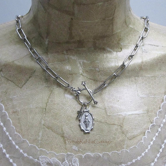 Miraculous Medal Necklace. Trendy Toggle Clasp. Chunky Paperclip Chain. Blessed Mother Virgin Mary Pendant. Catholic Women Religious Jewelry