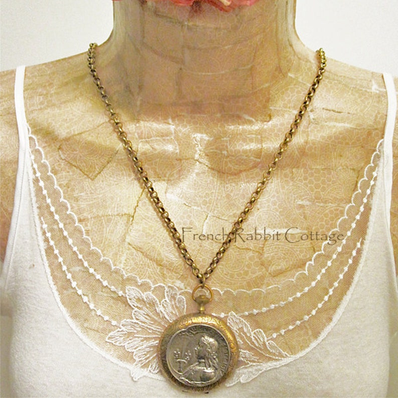 Joan of Arc Locket Necklace French Catholic Saint Religious Themed Jewelry Vintage French Holy Medal Pewter Recast by Hand Mixed Metal