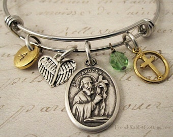 St Andrew Medal Bangle Bracelet. Saint Andrew Expandable Adjustable Wire Bangle Catholic Religious Jewelry Personalized Initial Birthstone