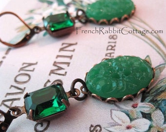 Emerald Green Earrings Jade Green Cabochon. Dangle Earrings. Vintage Assemblage Jewelry. Handmade Jewelry Gift for Her / Women Jewelry Lover