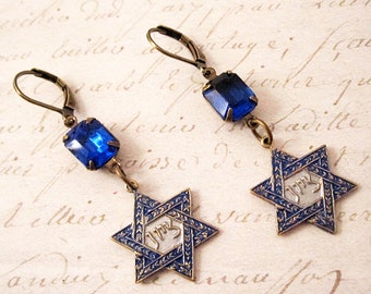 Star of David Earrings. Jewish Judaica Jewelry Women. Blue and Silver. Vintage Sapphire Rhinestone. Hanukkah Chanukah Gift Handmade Earrings