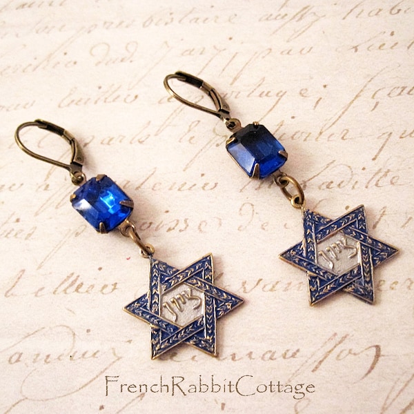 Star of David Earrings. Jewish Judaica Jewelry Women. Blue and Silver. Vintage Sapphire Rhinestone. Hanukkah Chanukah Gift Handmade Earrings