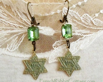 Star of David Earrings. Jewish Judaica Jewelry. Women. Verdigris Patina. Vintage Peridot Rhinestone. Hanukkah Chanukah Gift Handmade Jewelry