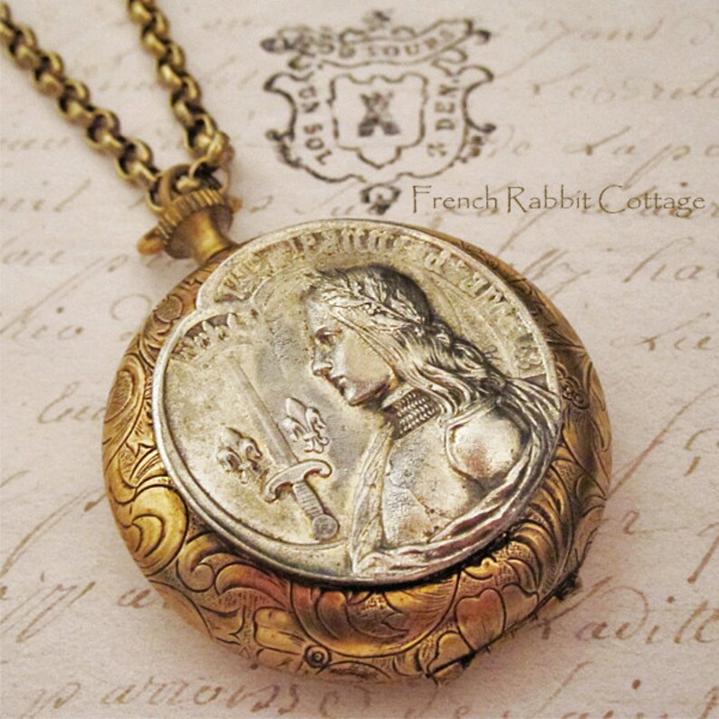Joan of Arc Locket Necklace French Catholic Saint Religious Themed Jewelry Vintage French Holy Medal Pewter Recast by Hand Mixed Metal