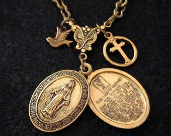 Mother Mary Necklace Locket. Blessed Mother. Virgin Mary Jewelry. The Lords Prayer Pendant. Slide Slider Locket. Miraculous Medal. Religious