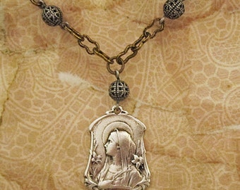 Virgin Mary Necklace Pendant. Blessed Mother Medal. Vintage French Reproduction Medal. Mixed Metal Silver Gold Tone. Catholic Religious Gift