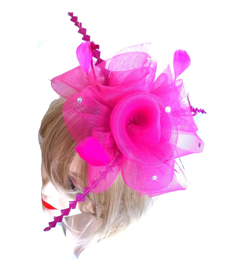 Shocking Pink Wedding Fascinator hand finished with real feathers