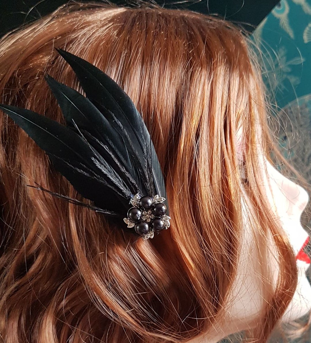 Black Feather Hair Clip With Ostrich Hurl and Pointed Goose Feathers and Black Pearl Gems Etsy
