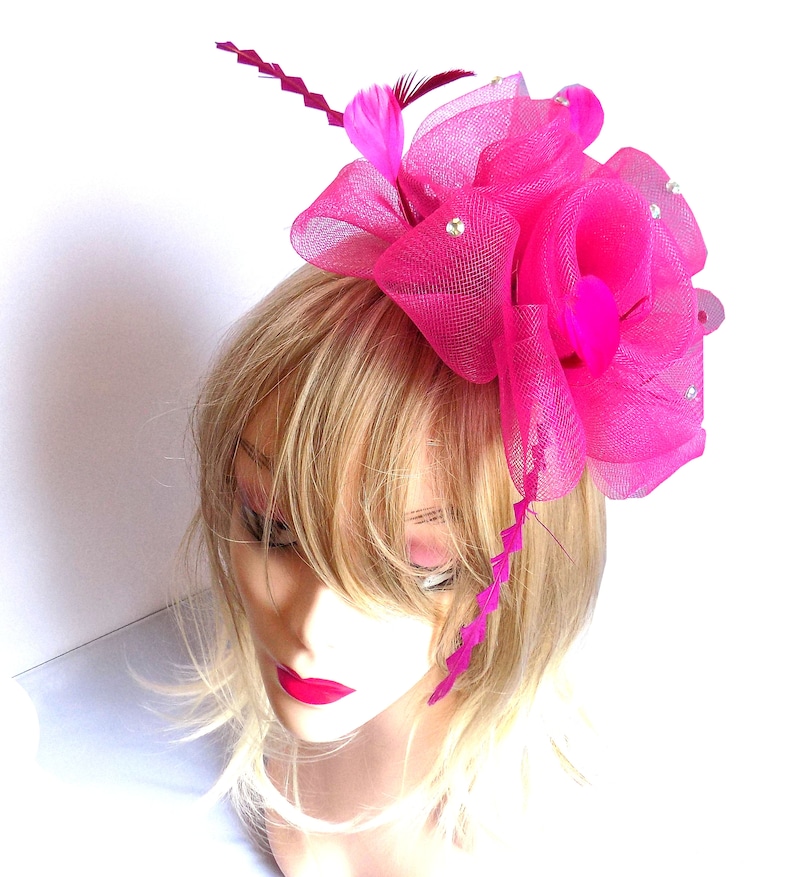 Shocking Pink Wedding Fascinator hand finished with real feathers