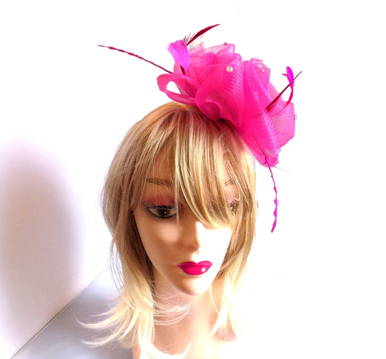 Shocking Pink Wedding Fascinator hand finished with real feathers