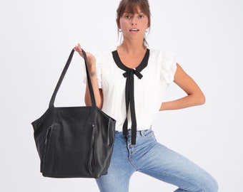 Tote de cuero negro, Tote de cuero suave con cremallera, Bolso de cuero negro, Bolso de mano, Bolso de cuero grande, Bolso de mujer, Bolso de cuero hecho a mano