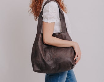 Vegan Leather Tote - Oversized Bag - Distressed Brown Leather Vegan Purse - Women Bag - Shoulder Bag - Weekender Bag - Tami Bag