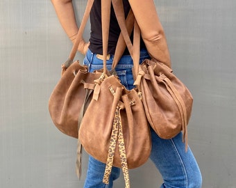 Brown Leather Crossbody Bag, Stylish Leather Hobo Bag, Drawstring Bag, Slouchy Leather Bag, Leather Cross Body Women, Soft Leather Purse