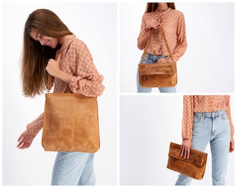 Bolso tote de cuero, bolso convertible, bolso de cuero marrón, bolso tote con cremallera de cuero, bolso bandolera plegable, bolso de cuero de mujer, bolso personalizado