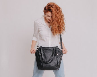 Crossbody Purse Large Leather Tote Bag with Zipper, Black Leather Bag For Woman, Soft Leather Purse, Shoulder Bag, Leather Crossbody Tote