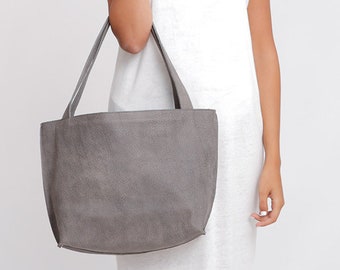 Gray Leather Tote Bag with Zipper, Handmade Bag, Soft Leather Bag, Distressed Leather Shoulder Bag, Women Bag, Medium Leather Tote Bag