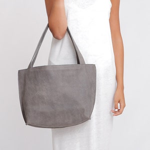 Gray Leather Tote Bag with Zipper, Handmade Bag, Soft Leather Bag, Distressed Leather Shoulder Bag, Women Bag, Medium Leather Tote Bag image 1