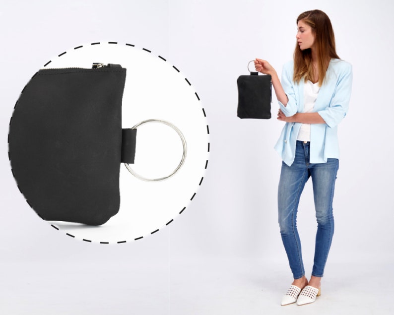 Bruin leren clutch Zacht leren schoudertasje Dames handtas Cadeau-ideeën Leren tas, leren etui met metalen ringarmband Jade Black