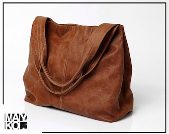 Bolso de cuero marrón, Bolso de cuero suave para mujer, Bolso grande, Bolso bandolera con cierre magnético, Bolso sobre tamaño, Bolso tote de cuero marrón, TAMI BAG