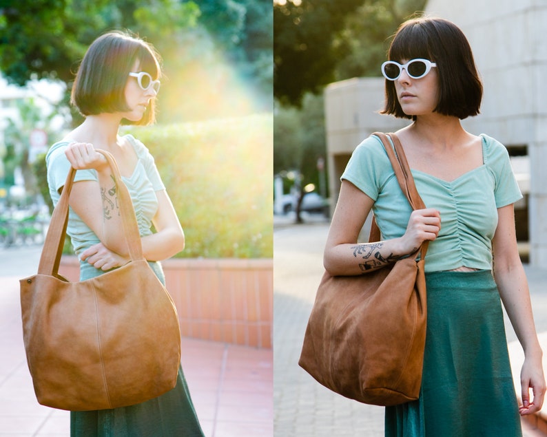 Brown Leather Purse, Classic Leather Bag, Large Handbag for Women, Teacher Tote Bag with Pockets, Slouchy Soft Leather Bag, Leather Work Bag image 9