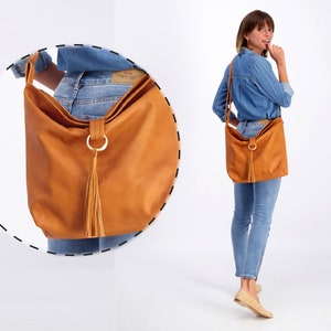 Gray Leather Hobo Bag, Women Leather Handbag, Hobo Crossbody Bag, Soft Leather Bag, Adjustable Strap, Leather Tassel Closure image 4