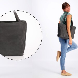 Gray Leather Tote Bag with Zipper, Handmade Bag, Soft Leather Bag, Distressed Leather Shoulder Bag, Women Bag, Medium Leather Tote Bag Charcoal