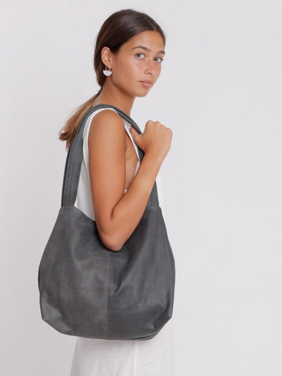 Charcoal grey Leather Tote Bag Soft Leather Bag Shoulder | Etsy