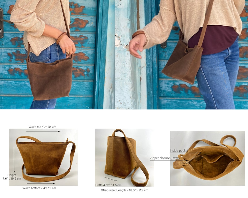 Suede Leather Crossbody Bag Woman, Brown Leather Cross Body Purse, Small Leather Handbag, Slouchy Leather Bag, Suede Bag, Gift For Her MAYKO image 4