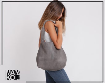 Bolso de cuero gris, bolso de cuero suave, bolso de mano, bolso de mujer, bolso de cuero grande, bolso de gran tamaño, bolso de hombro, TAMI TOTE, regalo de cuero para ella