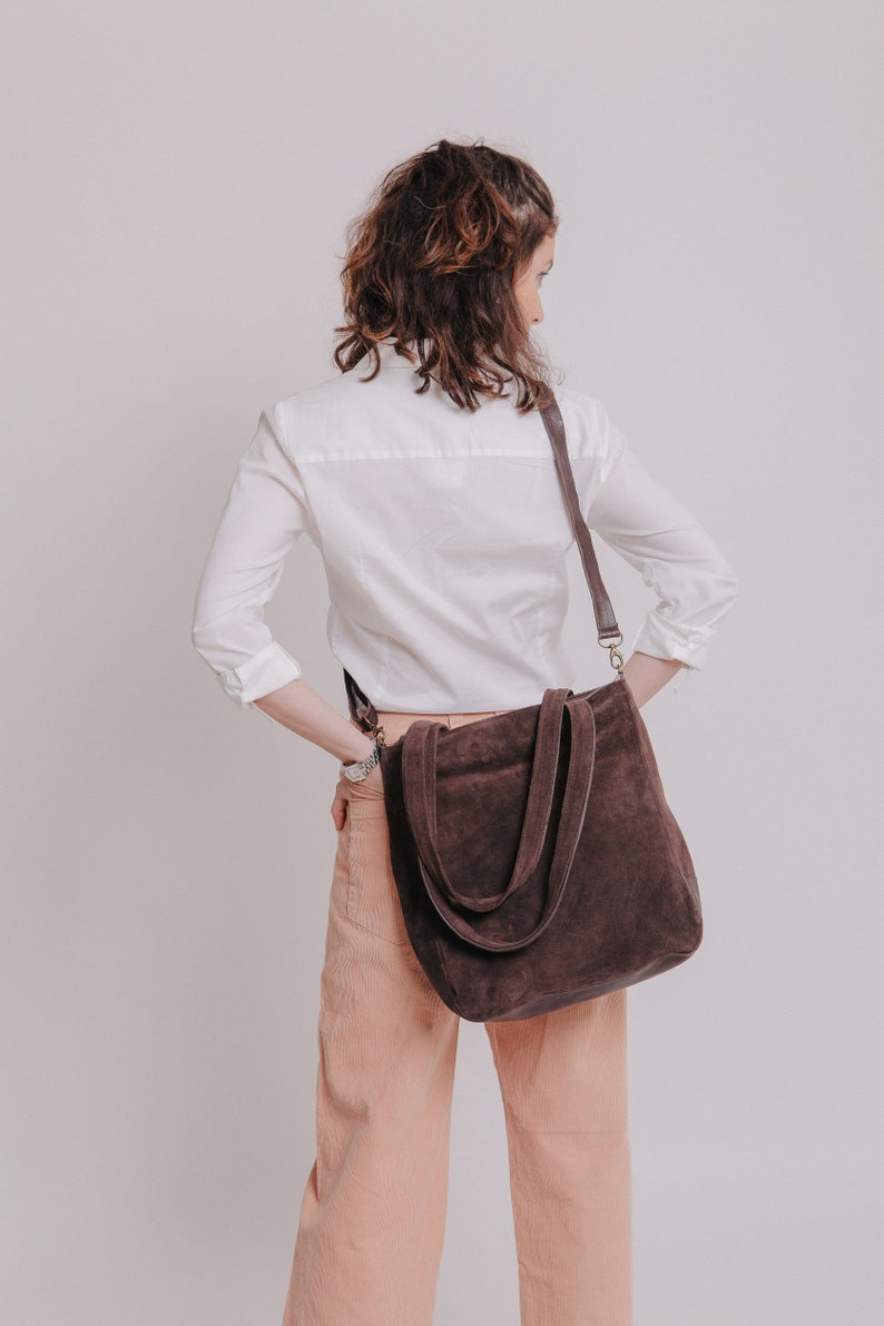 Leather Tote Bag, Crossbody Purse, Suede Leather Bag For Woman, Shoulder Bag, Leather Crossbody Bag Tote with Zipper, Handmade Leather Purse Brown